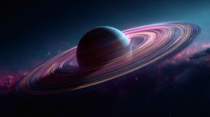 Planet Saturn with Ring System in Deep Space against a Nebula Background. It evokes wonder and amazement at the cosmos