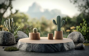 Wooden podium with succulents and nature background