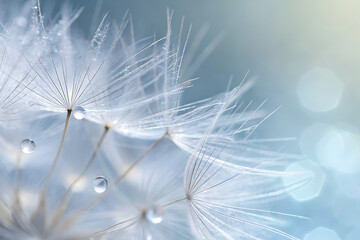 Naklejka premium Close-up of a dandelion exhibiting a dreamy and delicate appearance, highlighting the macro details of its white fluffy seeds and the abstract texture of nature.