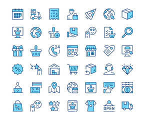 Ecommerce icons. Vector line icon set. Modern outline design. Blue concept