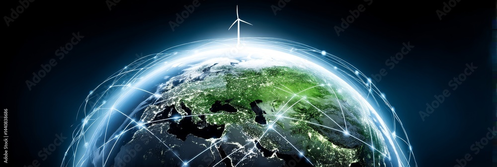 Poster global green energy network - illuminated globe showcasing a worldwide network powered by renewable 