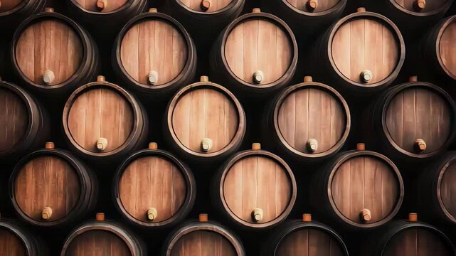 Rows of wooden wine barrels stacked in cellar showcasing aged oak casks for fermentation and storage ambiance

