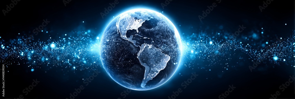 Aufkleber global network connections - illuminated earth globe surrounded by glowing blue particles, represent