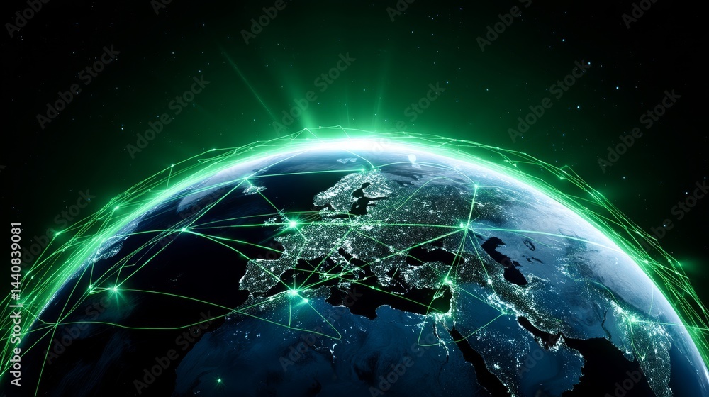 Poster global network connections - illuminated globe showcasing interconnectedness via glowing green lines