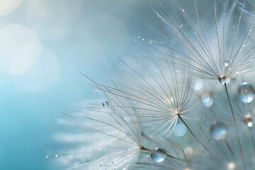 Naklejka premium Close-up of a dandelion exhibiting a dreamy and delicate appearance, highlighting the macro details of its white fluffy seeds and the abstract texture of nature.
