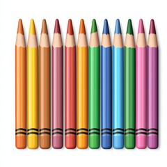 A set of colorful pencils arranged neatly in a row on a white background.