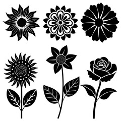 Elegant Floral Silhouette: A captivating assortment of intricately designed floral silhouettes showcasing a variety of blossoms in elegant black and white. 