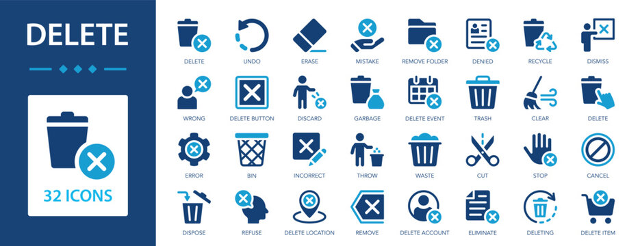 Delete flat icons collection. Garbage, undo, erase, trash, mistake, denied, error, bin, throw, dispose, refuse, waste, cut, stop, recycle, clear, delete sign set.