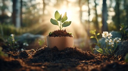 Young plant in biodegradable pot, sunlight