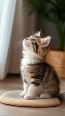 Cute fluffy kitten sitting on mat indoors, adorable fluffy kitten looking up in cozy room, natural light portrait of fluffy kitten on soft mat, A curious kitten gazing upwards thoughtfully.