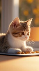 A curious cat gazes at its food in sunlight.
