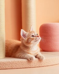 Cute orange kitten on pastel cat furniture, playful orange kitten relaxing on modern cat furniture, adorable orange kitten in cozy indoor cat furniture setting, Cute playful kitten resting at home.