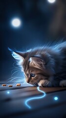 A curious cat exploring its surroundings at night.