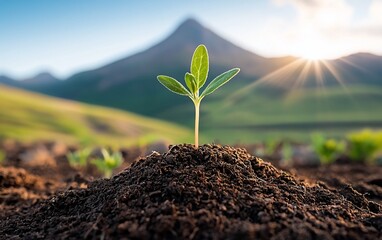 Young sprout emerging from fertile soil, bathed in morning sunlight against a backdrop of mountains