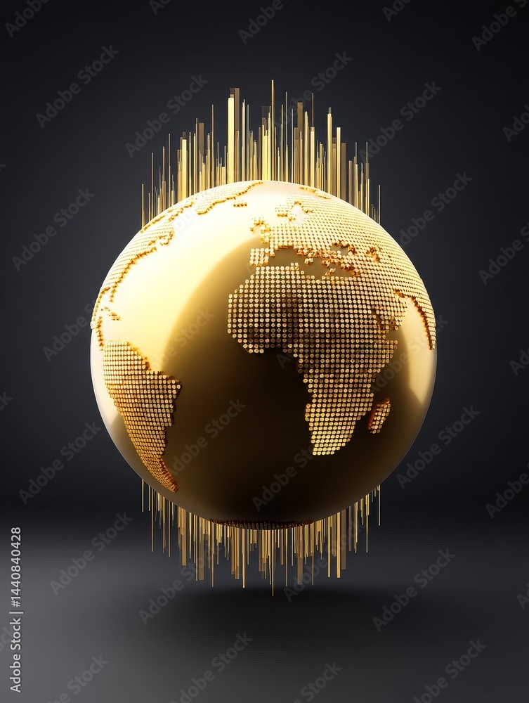 Poster golden globe of data streams - a 3d of a golden globe with a detailed world map, accented by upward-