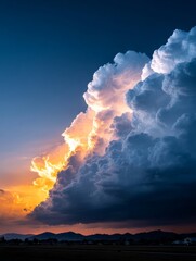 Golden Hour Cloudscape: A Celestial Masterpiece - Majestic sunset illuminates a massive cumulonimbus cloud formation, symbolizing power, beauty, nature, transition, and hope