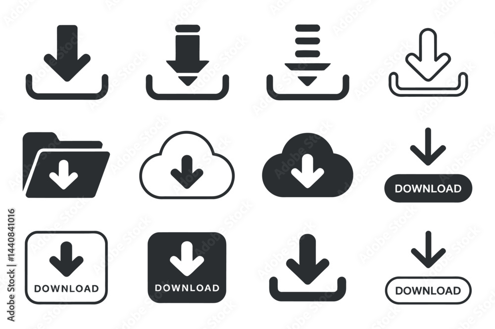 Poster set of download icons in various styles for website and app design download elements graphics downlo