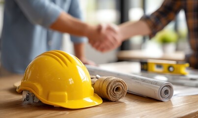 Business handshake over blueprints