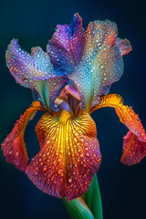 Close-up of a colorful flower with droplets of dew.