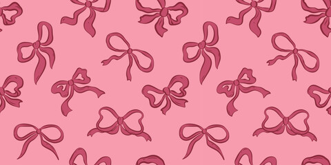 Seamless pattern with quirky hand drawn red bows on pink backdrop. Flat vector illustration. Perfect for festive background, textile, packaging, wallpaper, nursery design.
