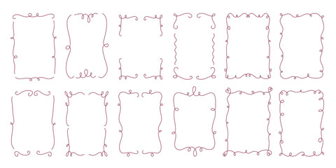 Collection of red whimsical frames in coquette style. Minimalist freehand line art. Layout for invitation, card, poster, cover. Trendy design for birthday, wedding, etc.