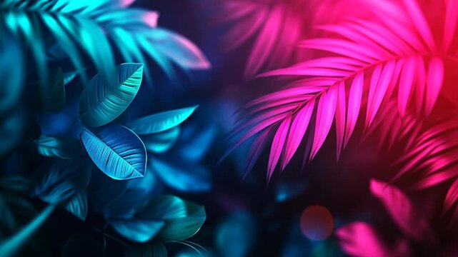 Neon Pink and Blue Tropical Palm Leaves Cyberpunk Background Seamless Loop