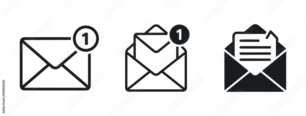 Poster email notification icons set with number one representing new messages isolated on white background 