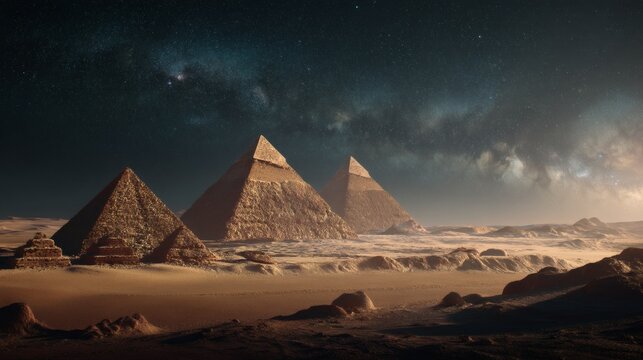 Three ancient pyramids stand majestically under a dark, starlit sky, creating a sense of wonder and mystery