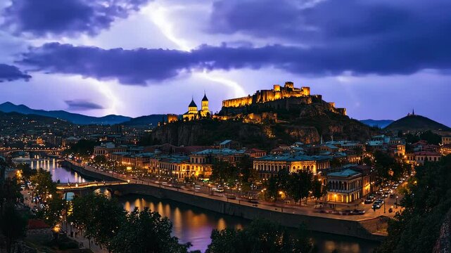 Dramatic Night Over Tbilisi, Lightning Strikes Across the Ancient Cityscape