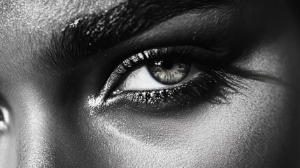 A close up black and white image of a person's eye with visible eyelashes and eyebrow detail focus