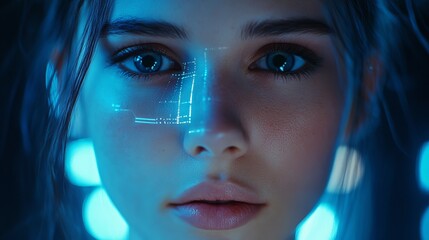 Close up of a woman's face with blue light and digital interface overlay futuristic technology concept