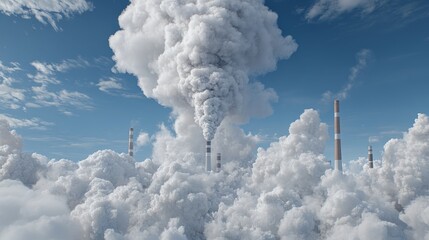Industrial chimneys emitting smoke into blue sky cloudscape