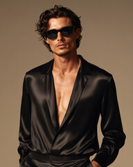 High-style Fashion Photography of confident man in silk outfit