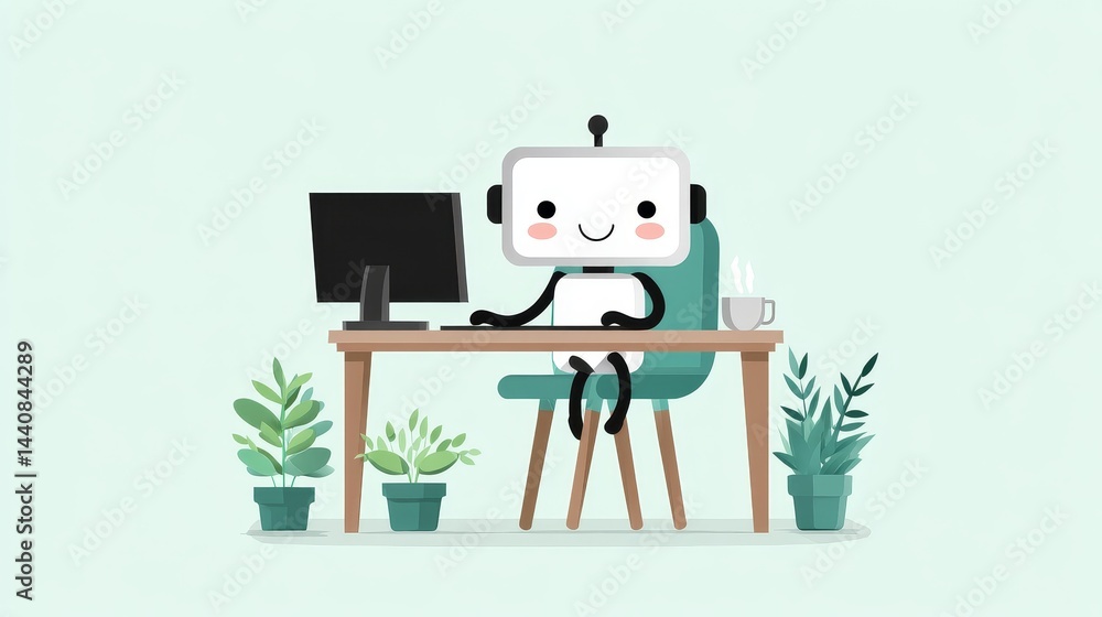 Poster happy robot working at desk - a cheerful robot sits at a desk with a computer, enjoying a cup of cof