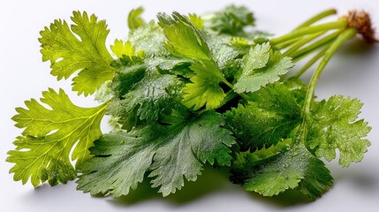 Fototapeta premium a fresh bunch of cilantro leaves with delicate green color on a white isolated background, aromatic and vibrant design