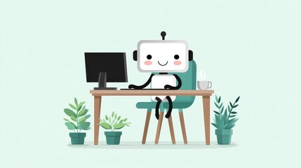 Fototapeta premium Happy Robot Working at Desk - A cheerful robot sits at a desk with a computer, enjoying a cup of coffee surrounded by plants