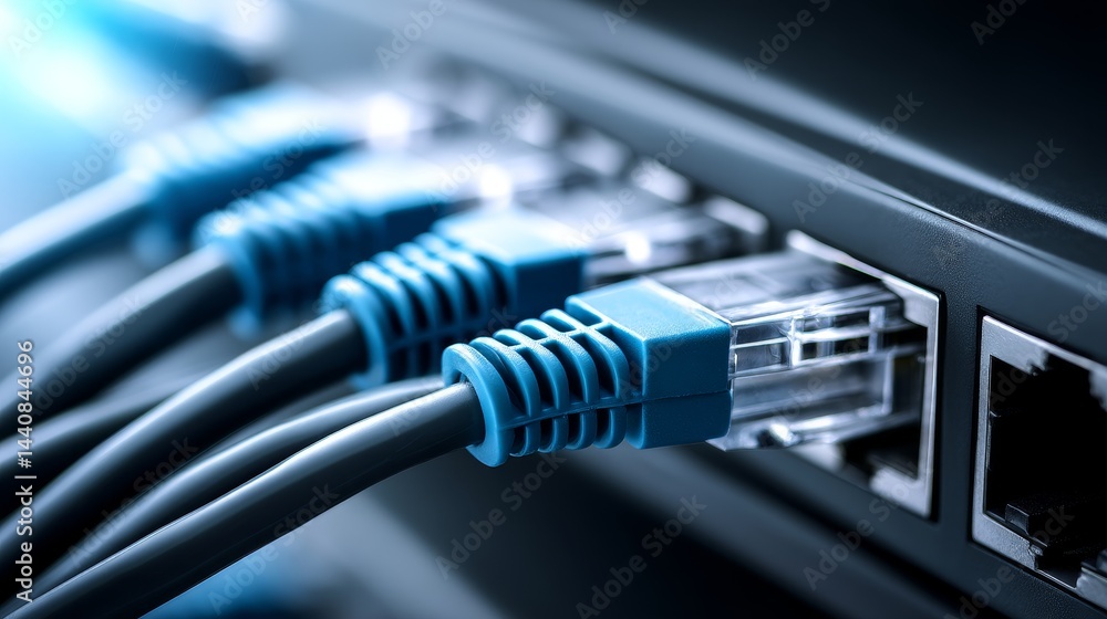 Poster high speed network connection - close-up of ethernet cables plugged into a network device, showcasin
