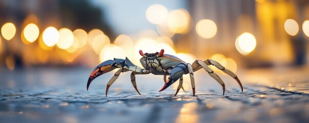 Fototapeta premium Close-up of a crab on a city street at night.