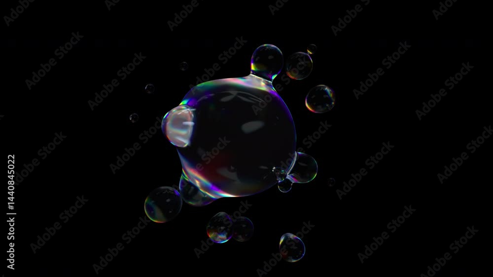 Poster metaball liquid transparent iridescent blobs. 3d rendering abstract multicolor moving flow bubbles. 