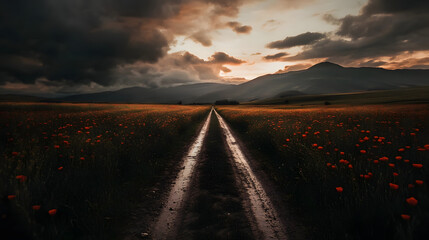 A dirt road leading through endless poppy fields.