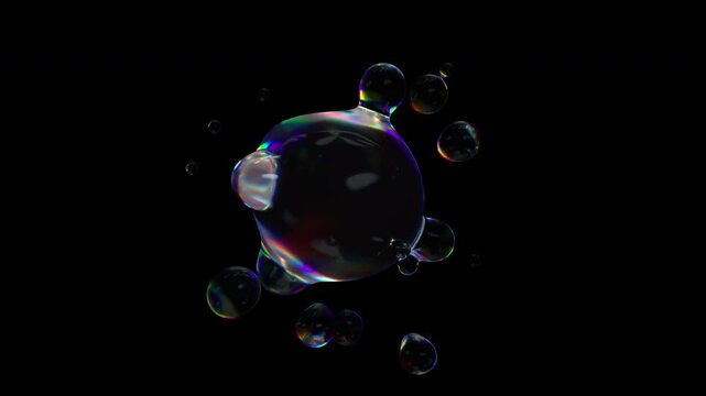 Metaball liquid transparent iridescent blobs. 3D rendering abstract multicolor moving flow bubbles. 4K looped animation, alpha channel.