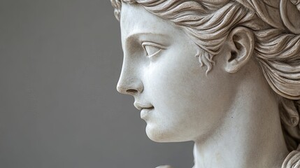 Close up profile view of a white marble bust of a woman with detailed hair and facial features