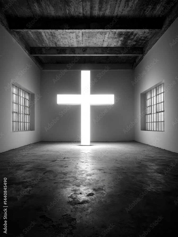 Poster illuminated cross in minimalist space - a bright cross shines in a stark, empty room. the is black a