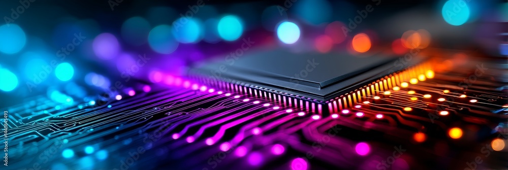 Poster illuminated microchip technology - close-up view of a glowing microchip circuit board, showcasing in