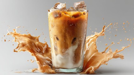 a refreshing glass of iced coffee with a splash of milk on a white isolated background, cool and energizing design
