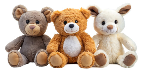 cutout set of 3 stuffed animal toys isolated on white background PNG