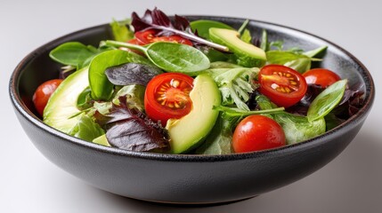 a fresh bowl of mixed greens with cherry tomatoes and avocado on a white isolated background, healthy and colorful design