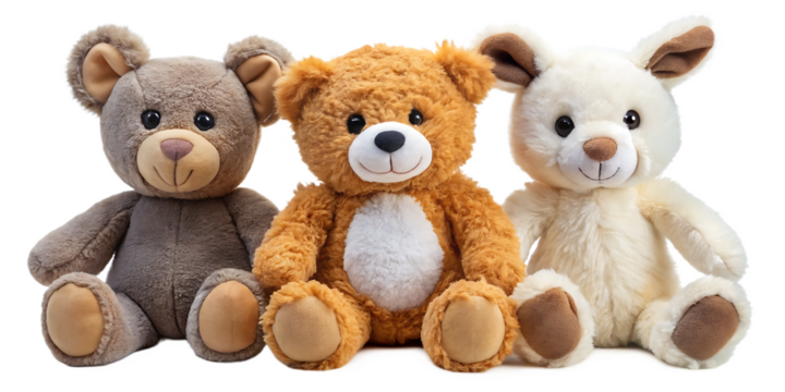 cutout set of 3 stuffed animal toys isolated on white background PNG - Powered by Adobe
