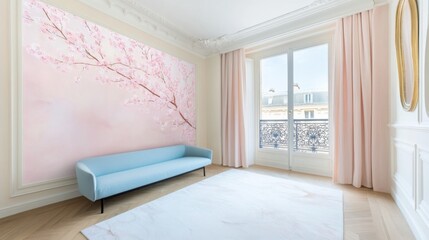 High-end small studio with Parisian charm, vintage decor, ornate mirror, pastel tones