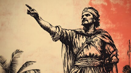 Commander's Vision: A historically inspired illustration portrays a figure of authority, his arm extended as if directing, set against a backdrop evocative of the ancient world.